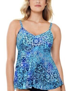 SWIM SOLUTIONS Blue Printed Stretch Lined Deep V Neck Adjustable Tankini 8 D NWT